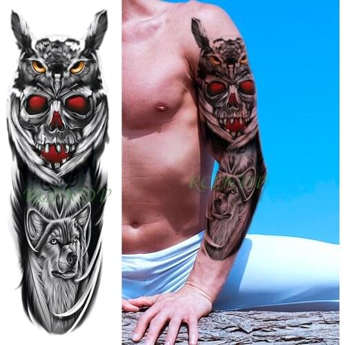 Waterproof Temporary Tattoo Sticker Creative combination illustration of owl skull and wolf fake tatto flash tatoo for men women