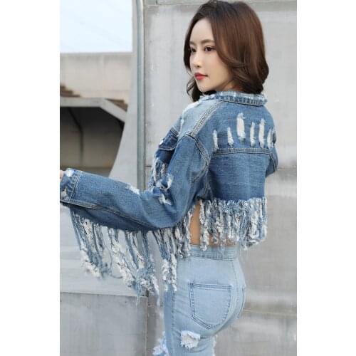 High Street Jean Jacket Lady 2021 New Autumn Fashion Tassel Holes Short High Waist Tops Womens Denim Coat Streetwear Jeans