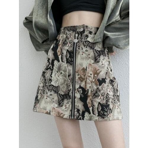 Retro A-line skirt jacquard embroidery cat print skirt womens sweet and fresh Hip Wrap short skirt high waist cool jupe