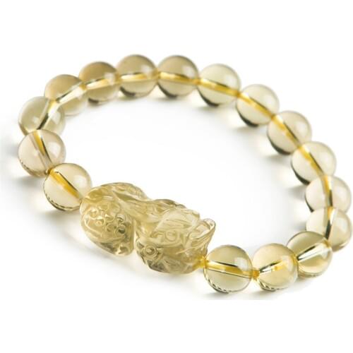 Genuine Yellow Natural Quartz Crystal Bracelets For Women Mens PiXiu Transparent Charm Stretch Round Bead Bracelet