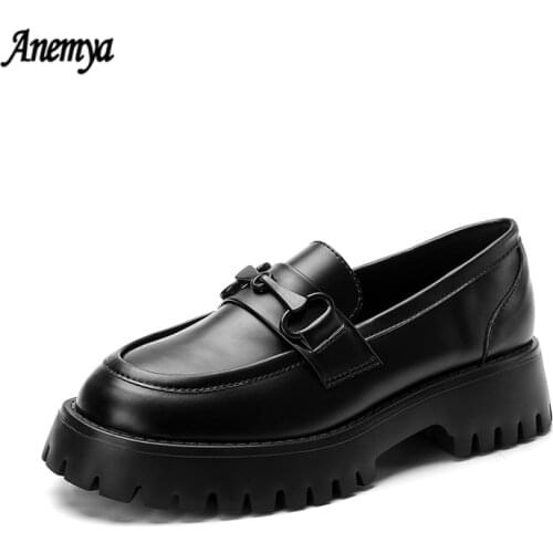2021 Chunky Loafers For Women Leather Platform Shoes Round Toe Casual Shoes Ladies British Style Slip On Flats Black Handmade 40