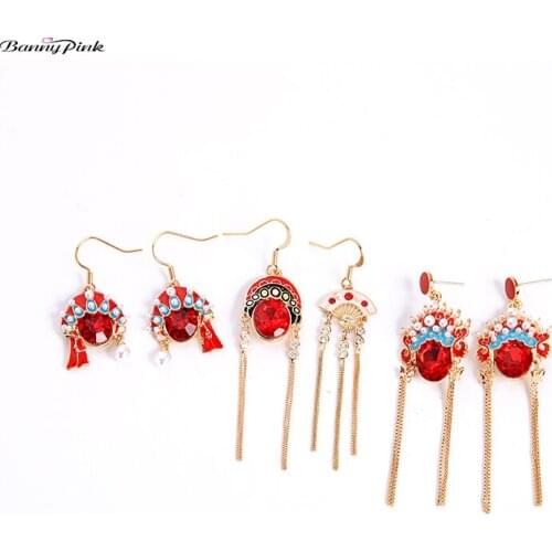 Banny Pink Chinese Style Peking Opera Pendant Post Earrings For Women Vintage Chinese Crown Studs Statement Earrings Brinco
