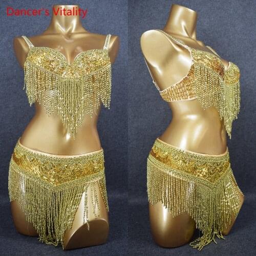 Luxury Beaded Womens Belly Dance Costume Bra+Belt 2pcs/Set For Ladies Stage Performance Clothing Competition Dancwear