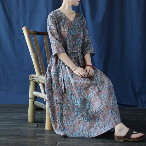 Women Loose Printed V Neck Printed Ramie Dress Ladies Summer Print Dresses Female 2020 Retro Dress
