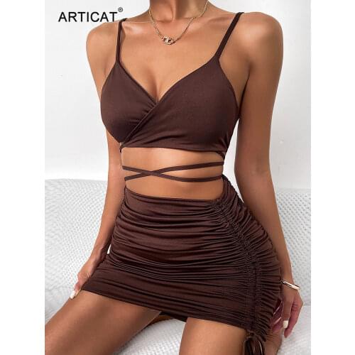 Articat Solid Bodycon Drawstring Women Party Dress Ruched Spaghetti Strap Backless Sexy Clubwear Female Black V-neck Vestidos