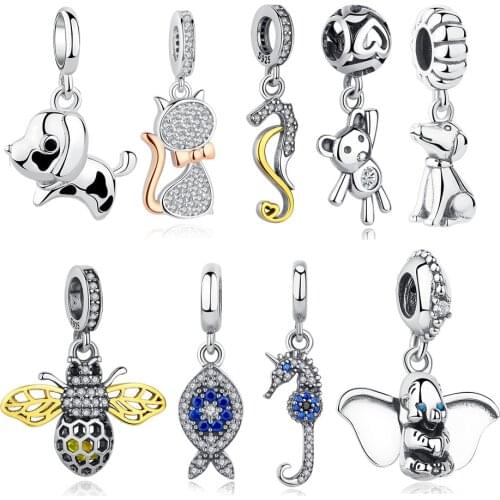100% 925 Sterling Silver Charm Beads Balloon Dog Seahorse Bee Pendant Charm Fit Original Bracelet & Necklace DIY Jewelry