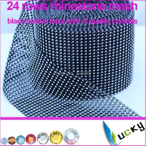 Free shipping! 5 yards black plastic base 24 rows rhinestone trim with high quality clear strass crystal mesh chains