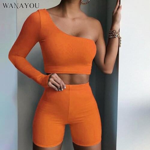 WANAYOU Seamless Yoga Set Women Single Sleeve Top +Sports Shorts Summer Stretch Fitness Workout Set Asymmetric Casual Sportswear