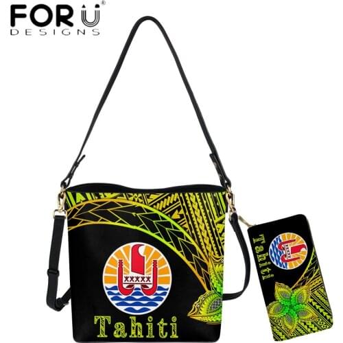 FORUDESIGNS Hot Sales Women Pu 2pcs Set Handbag And Purse Tahiti Polynesian Tribal 3D Print Casual Soft Shoulder Bolsa Mujer