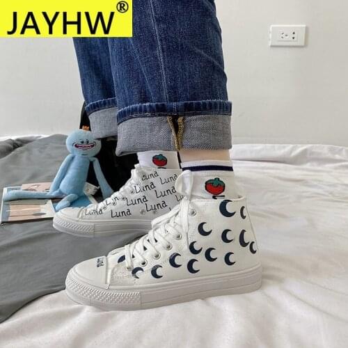 JAYHW New Low-Cut Moon Women Canvas Shoes Korean Fashion Flat Running Ladies Sneakers Casual Outdoor Lace-Up Vulcanize Shoes