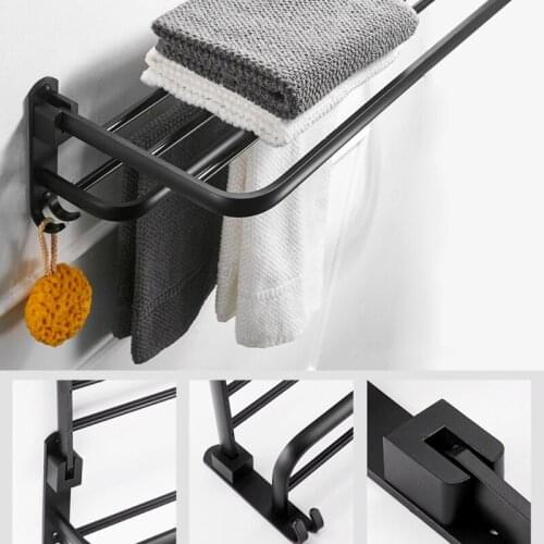 Space Aluminum Black Towel Rack Wall Mounted Folding Towel Holder Storage Shelf G32A