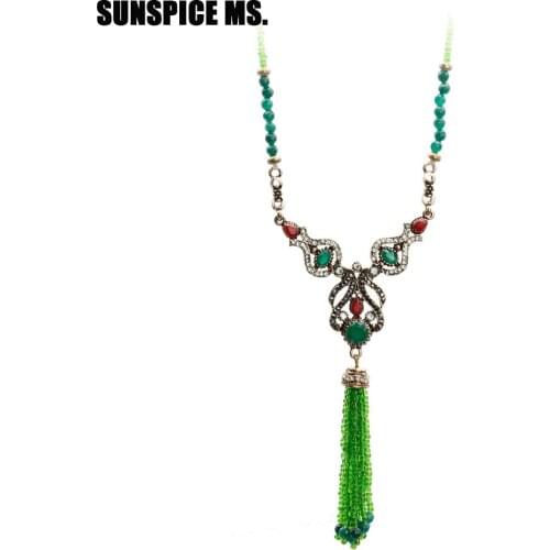 Gorgeous Turkish Natural Stone Beads Tassels Necklace For Women Antique Gold Color Resin Pendant Long Sweater Chain Boho Bijoux