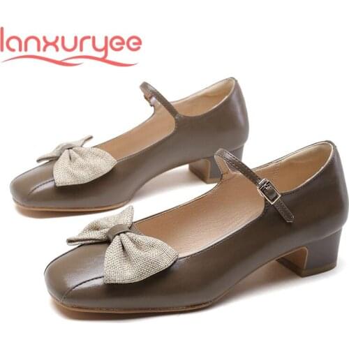 Lanxuryee french romantic cow split leather butterfly-knot fairy square toe thick med heel buckle straps modern women pumps L15