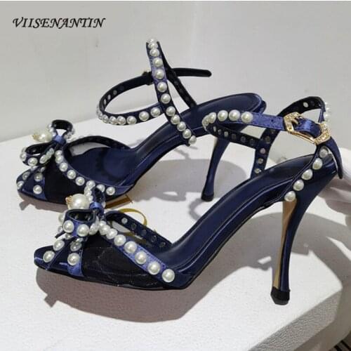 Pearl high-heeled sandals spring and summer fashion bow stiletto heel temperament buckle banquet high-heeled sandals