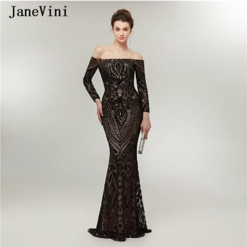 JaneVini 2020 Sexy Mermaid Black Long Sleeve Prom Dresses Boat Neck Sequins Arabic Formal Plus Size Sparkly Dress Vestido Fiesta