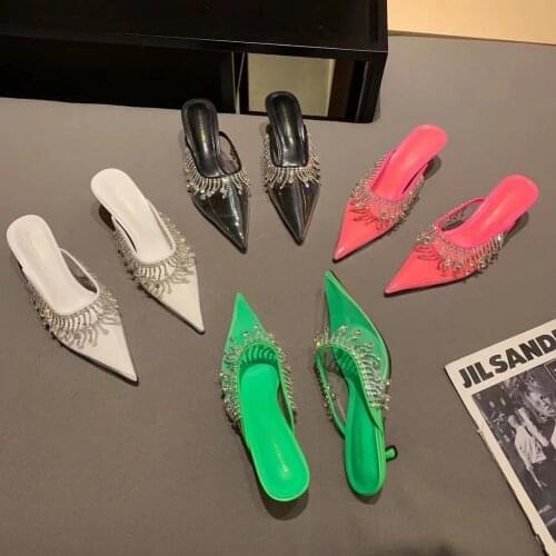 Pointed Toe PVC Transparent Slippers Shallow Slip On Thin Low Heels Rhinestone Design Fashion Crystal Slides Flip Flops Summer