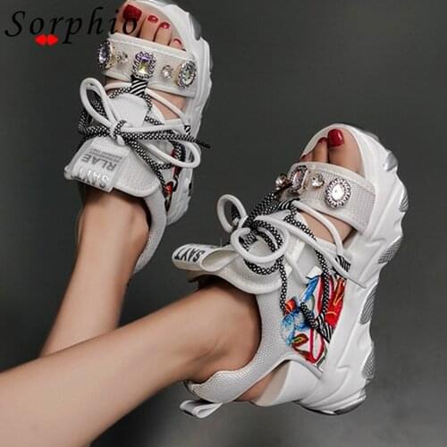 Sorphio2021 New Platform Lace Up Summer womens Sandals For Rhinestone Woman Cool Sports Open Toe Hollow White Shoes Brand