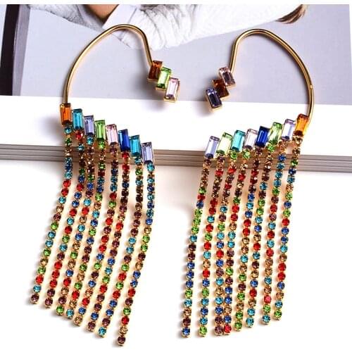 Boho Summer Crystal Rhinestone Drop Dangle Earrings Women Multicolored Long Statement Tassel Earrings Femme Jewelry