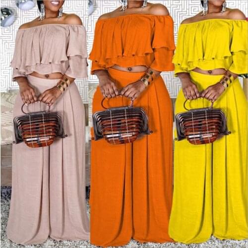 Slash Neck Women Pure Color Two Piece Sets Plus Size Cascading Ruffles Tops Elastic Waist Wide-leg Pants Casual Outfits Autumn