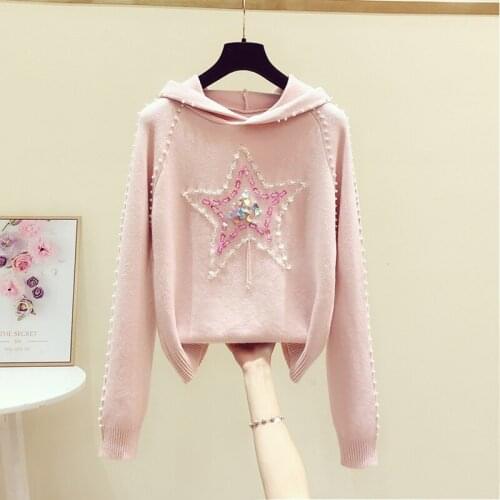 Handmade Sequin Bead Hooded Sweater Womens 2021 Spring Winter New Korean Pink Hoodie Knitting Sweaters Female Pullover Jumper
