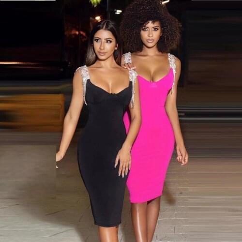 2020 Women Summer Dress Black Rose Red Beads Bandage Dress Spaghetti Strap Diamonds Bodycon Backless Mid-Calf Vestidos Celebrity