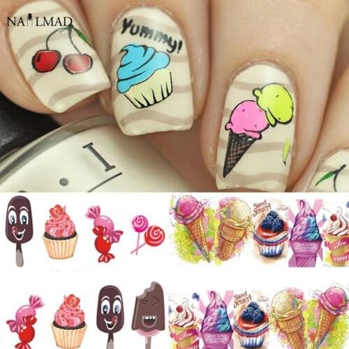 6sheets/pack Dessert Cupcake Nail Art Stickers Ice Cream Cake Water Decals Chocolate DIY Nails Decals