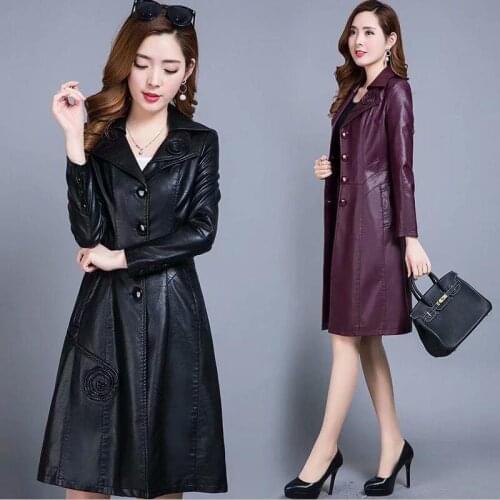 Large Size 7XL Leather Coat Women PU New 2021 Motorcycle Womens Leather Clothing Long Slim Jackets Women Leather Jacket Black
