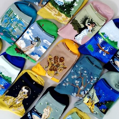 Abstract Art Cartoon Streetwear Kawaii Short Socks Van Gogh Renaissance Oil Paint Cotton Socks Happy Women Warm Funny Cute Socks