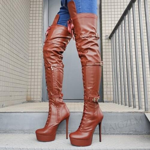 BERZIMER Women Thigh High Platform Boots Side Up Slim High Heels Boots Cospaly Crossdress Woman Drag Queen Shoes Size 39 44 52