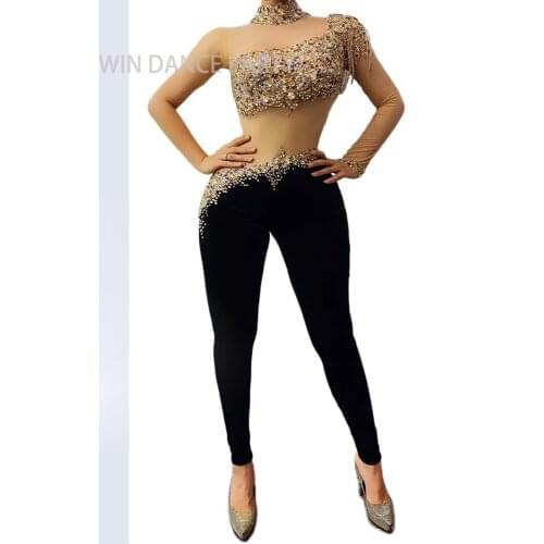 2021 Color rhinestone Velvet jumpsuit Transparent black leggings DS DJ Dance Costume Bar Singer Wear Suit Sexy Party costumes
