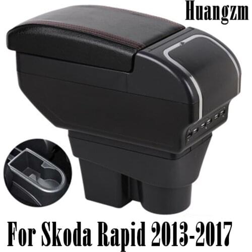 For Skoda Rapid Spaceback Armrest Box + 9 USB Black Leather Center New Storage Box Modification