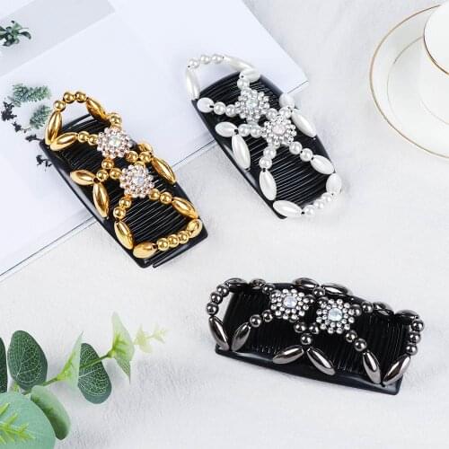 Elastic Hairpin Stretchy Magic Hair Comb Beaded Flower Elegant Double Comb Handmade Hair Disk DIY Hair Styling Tool