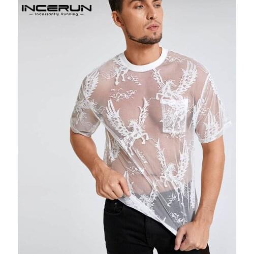 Men T Shirt Mesh Round Neck Short Sleeve Streetwear Sexy See Through Tee Tops Men Fashion Party Nightclub Camisetas 2021 INCERUN