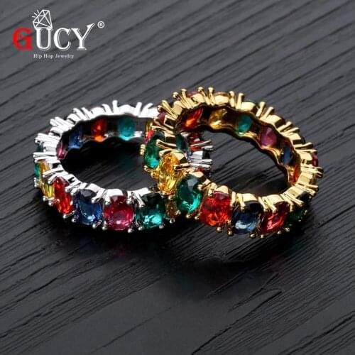 GUCY Hip Hop Colorful The Ellipse Cubic Zircon Ring Micro Pave Multi Color CZ Stones Classic Mens Punk Style Jewelry For Gift
