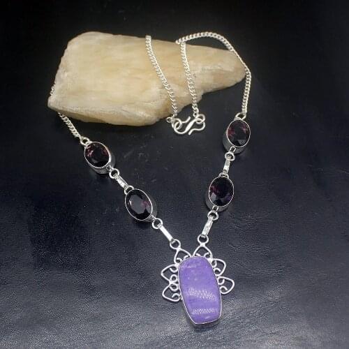 Hermosa Jewelry Natural Purple Charoite Amethystt Silver Color Women Ladies Gifts Pendant Necklace Chain 46cm 20213386