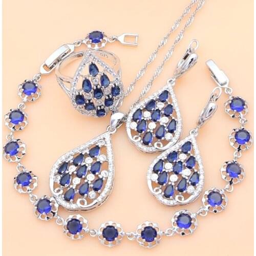 Graceful Silver 925 Bridal Jewelry Sets Blue Sapphire Stone White Crystal Bracelet Necklace Set for Women Party Dropshipping