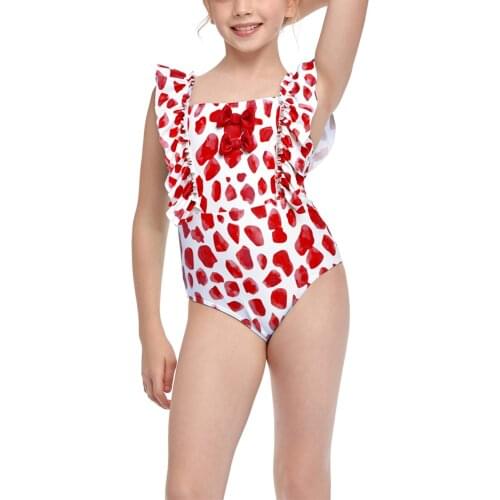 Summer Kid Girls Swimsuit Square Neck Ruffle Dots Printed Bikini Bodysuit Fly Sleeve Bowknot Swimwear Sweet Girls Bathing Suit