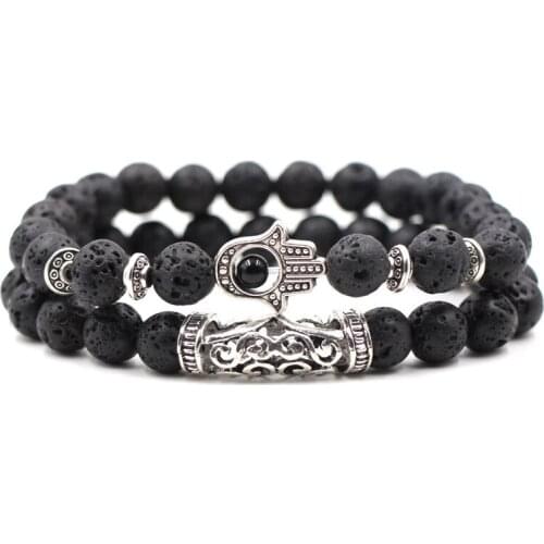 KARAIRIS 2Pcs/set Trendy Natural Black Lava Beads Bracelets Buddha Lion leopard Yoga Prayer Women Men bracelets Fashion Jewelry