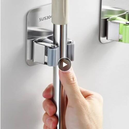 Wall Mounted Broom Holder Mop Clips With Hook Organizer 304 Stainless Steel Mop Kitchen Brush Broom Hanger Bathroom Organizer