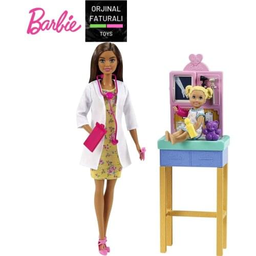 Barbie Pediatrician Playset, Brunette Doll Exam Table, X-ray, Stethoscope, Tool, Clip Board, Patient Doll Teddy Bear Great Gift