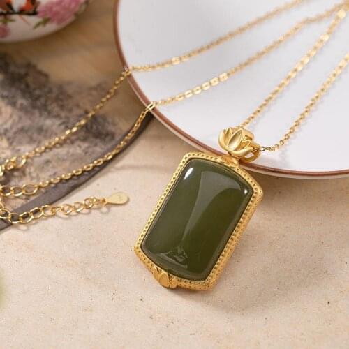 Original S925 Silver Natural Hetian Jade Gray Jade Fashion Popular Lotus Lucky Pendant Fashion Gift Female Pendant Sets of Chain