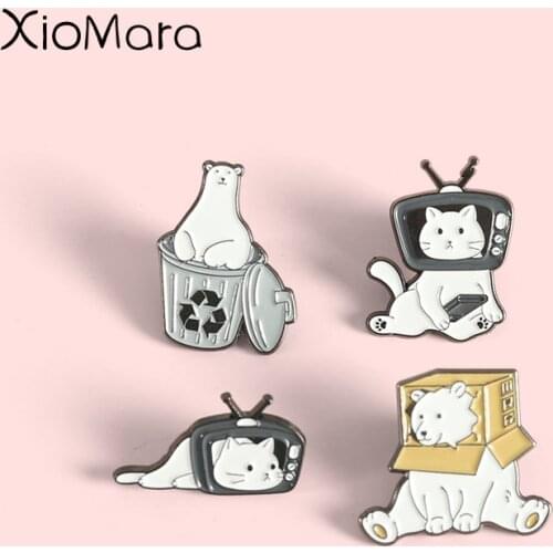 Recyclable Polar Bear Enamel Pins Lazy Cats And Dogs Cartoon Brooches For Women Television Radio Badges Animal Jewelry Wholesale