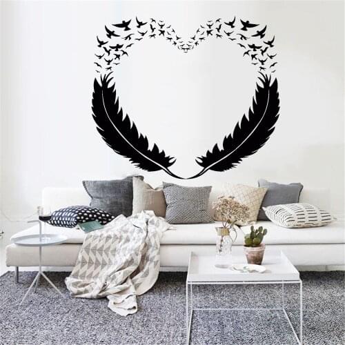 Feathers Heart Wall Stickers Love Birds Romantic Vinyl Self-adhesive Wall Decal Home Decoration For Living Room Bedroom Y894