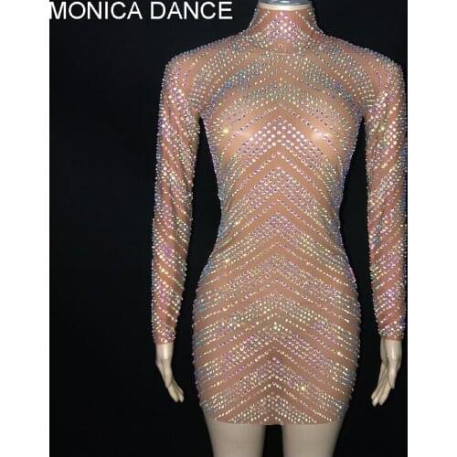 Sexy Stage AB Color Rhinestones Long Sleeves Dress Mesh See Through Stage Dance Transparent Costume Female Singer Bright Dress