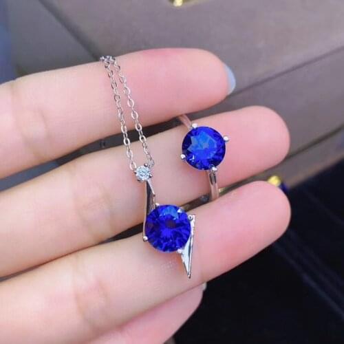 Sapphire Jewelry set Natural And Real 925 sterling silver Fine jewelry 1pc Sapphire ring,1pc Sapphire Pendant