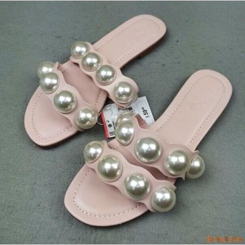 2020 Fashion Brand Party Dresses shoes Fulgurant Pearl Sandals thin Belt Roman Flat Women Flip Flops Casual Beach Flat Slippers