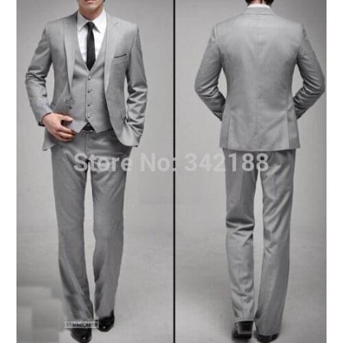 Custom Made Slim Fit One Button Light Grey Groom Tuxedos Side Slit Groomsmen Men Wedding Suits Bridegroom (Jacket+Pants+Vest+Tie