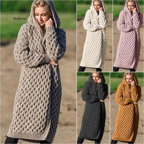 V-Neck Lantern Sleeve Open Stitch Loose Sweater with Hood Autumn Sweater Cardigans Women Clothes Female Knit Coat