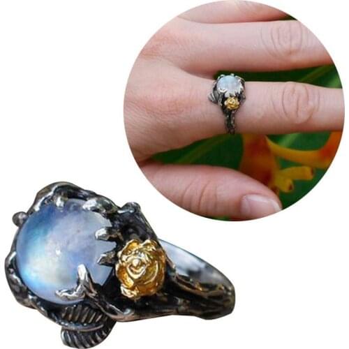 Vintage Round Tree Leaf Natural Moonstone Thai Ring Faux Moonstone Inlaid Rose Leaves Women Ring Party Jewelry Decor