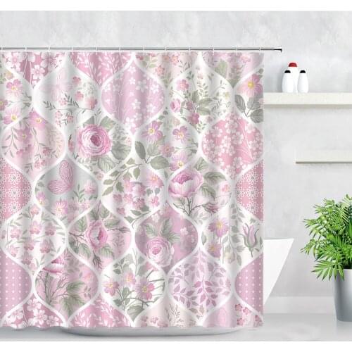 Geometric Pattern Waterproof Fabric Shower Curtains Butterfly Pink Flower Plant Backdrop 3D Printing Bath Decor Bathroom Curtain